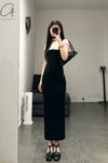 SWAYING/KNIT Puff Sleeve Contrast Color Silk Dress SW23SS2L21 Black/White